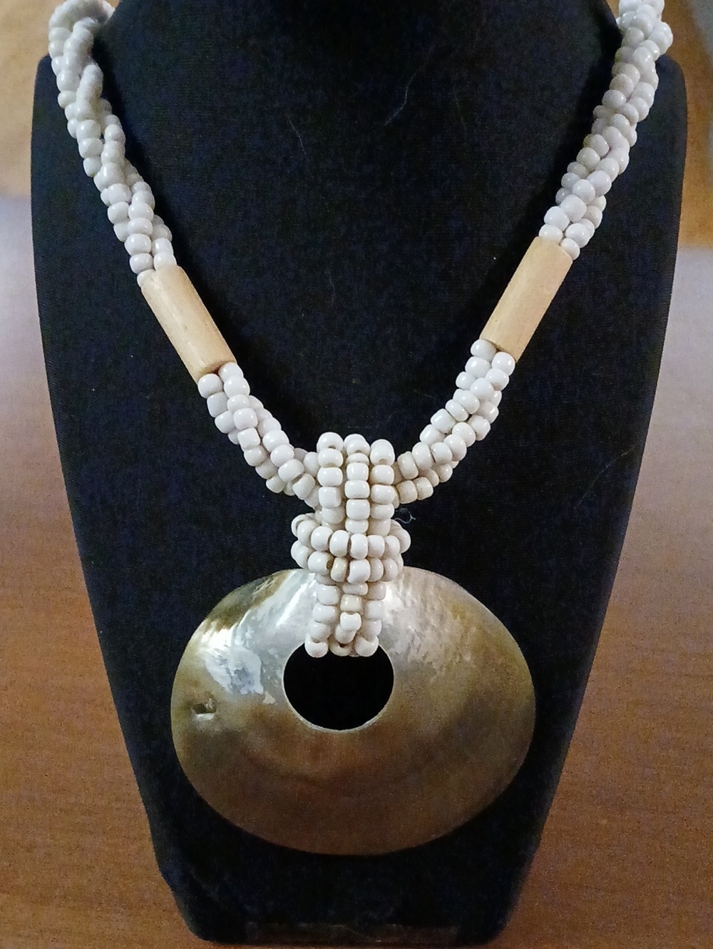 Beaded White and Gold Statement Necklace - Shell Pendant